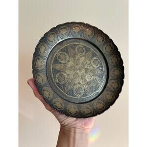 Vintage Scalloped Edge brass plate bowl Decorative Middle Eastern dish carved 7”
